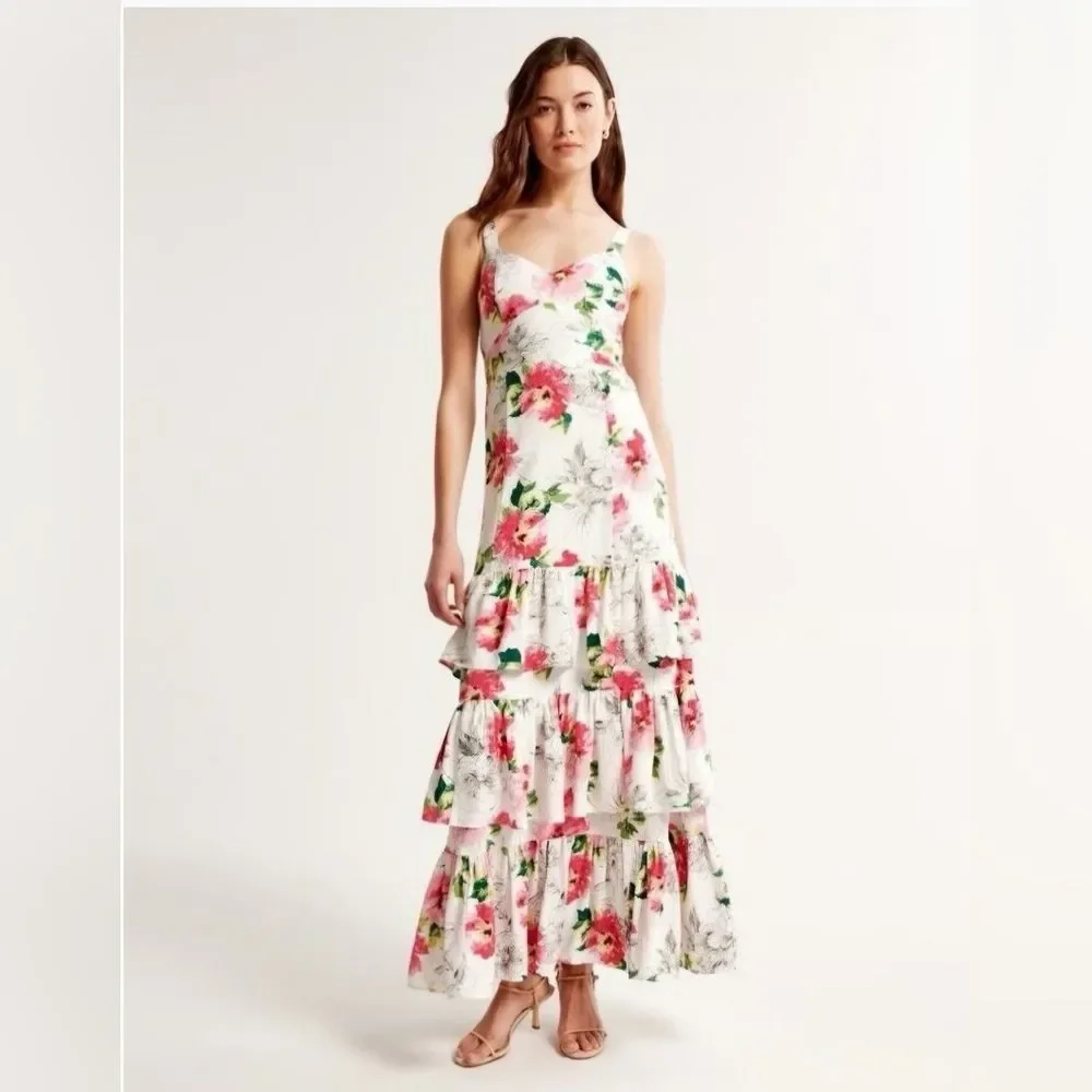 NWT Abercrombie & Fitch Dream Ruffle Floral Maxi Dress Size Small Petite